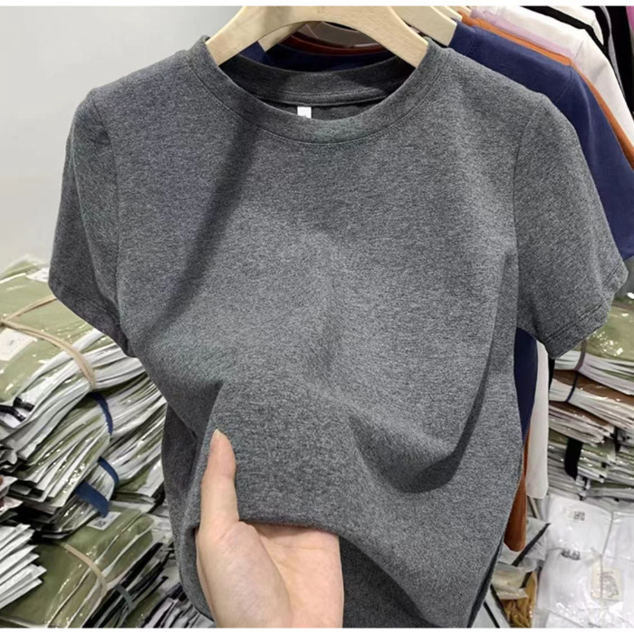 【店頭売れ筋】夏厚手純綿香港風シックな右肩半袖Tシャツレディース春夏ネイビーブルートップス|undefined