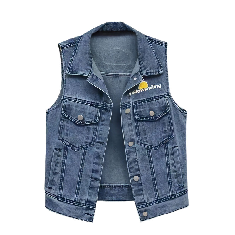 Women's Clothing Women's Style Spring Autumn Denim Vest Fashionable Large Pocket Print Vest Versatile Loose Fit Outerwear_voghion.com