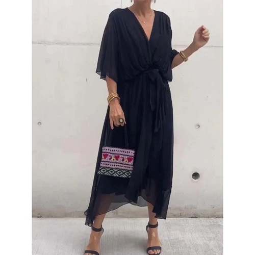 2024 New European and American Women's Cross-border Amazon Solid Color Series Long Dress with Batwing Sleeve and Irregular Hem Plus Size