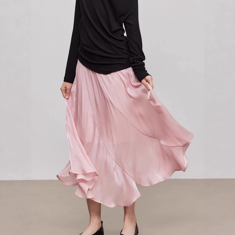 Yuscc Pink Glossy Skirt, Spring and Autumn High-Waisted Slimming and Flowing Skirt with A-Line Ruffle Design Yuscc Pink Glossy Skirt, Spring and Autumn High-Waisted Slimming and Flowing Skirt with A-Line Ruffle Design