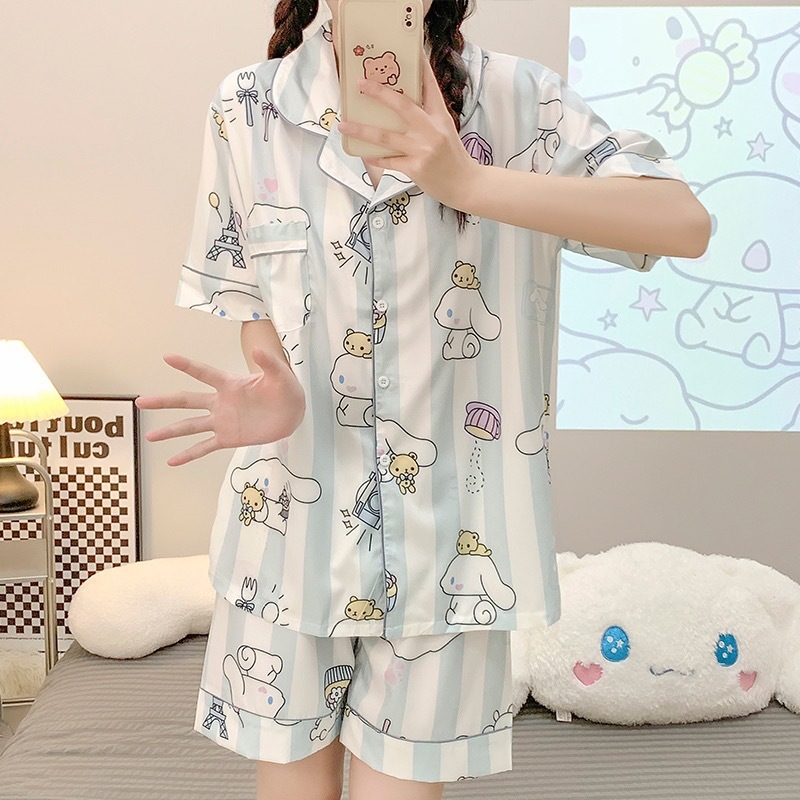 2024夏の新型フランス高級感氷糸パジャマ女性夏の半袖半ズボンの部屋服セットは外着ができます。|undefined