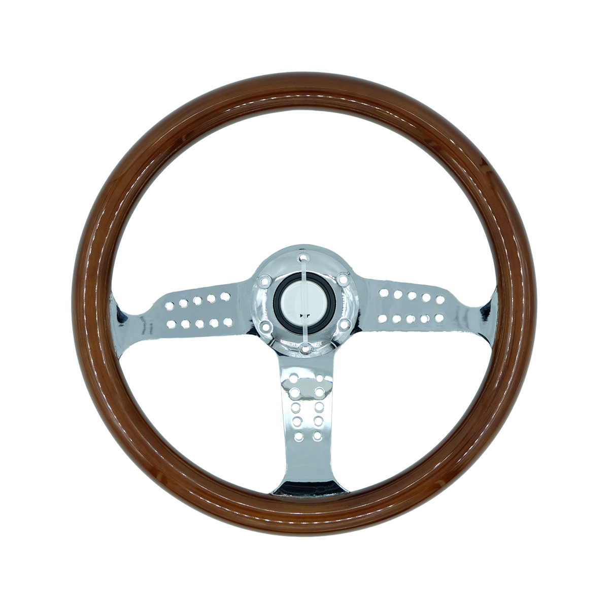 Jetta Racing Modified Wood Color Steering Wheel 14 inch Flat Dish (Steering wheel) - chrome-frame