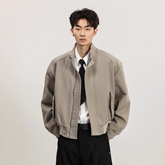 美式复古设计感cleanfit短宽夹克男女春秋休闲宽松立领外套上衣潮