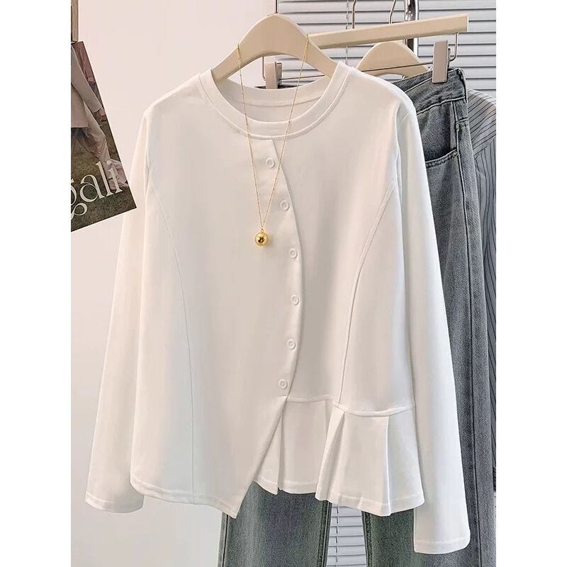 Plus-Size Unique Irregular Long-Sleeve T-Shirt for Women, Autumn Season, Stylish Solid Color Slimming Top