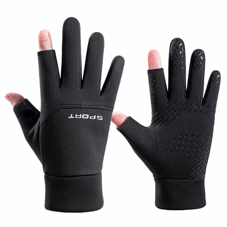 Cross-border cycling gloves for men, warm outdoor fleece-lined windproof and waterproof full-finger two-finger anti-slip touch screen cycling gloves