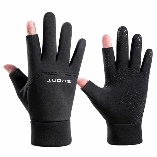 Cross-border cycling gloves for men, warm outdoor fleece-lined windproof and waterproof full-finger two-finger anti-slip touch screen cycling gloves