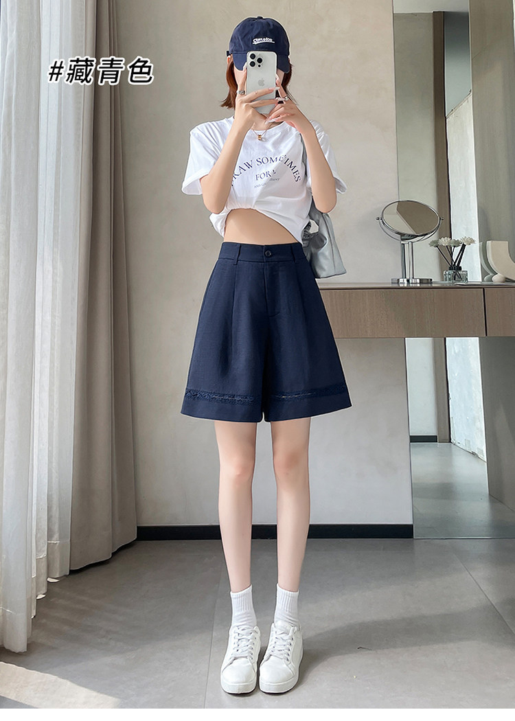 Quần short vải lanh nữ cạp cao ống rộng dáng chữ A — Xanh lông mòng đen chi tiết 45