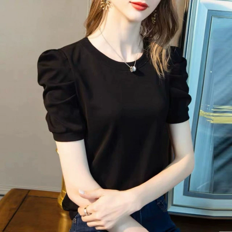 Cotton summer 2025 new short-sleeved shirt for women round neck T-shirt French puff sleeves fashionable top for women