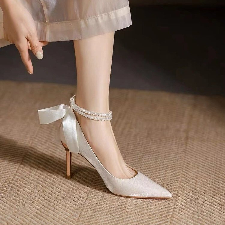 French White High Heels Women's Stiletto Heel Wedding Shoes with Skirt Satin Wedding Shoes Elegant Spring and Autumn Pointed Shoes
