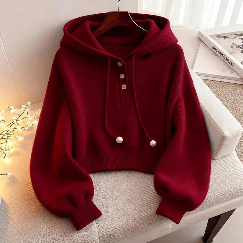 Red Hooded Sweatshirt for Women, 2025 Autumn and Winter New Short Style Base Shirt, Knitted Sweater, Super Nice-Looking Top That Can Be Worn Alone