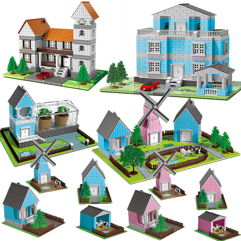 Transfronterizo Nueva simulación de baldosas de plástico construcción mini ladrillo ensamblado a mano Casa Villa Manor modelo de juguete