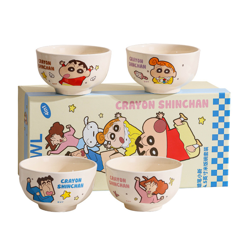 クレヨンしんちゃんとファミリーのコラボシリーズ、高級感のあるギフトボックス入り、陶器製麺鉢4個セット、食器、ご飯茶碗|undefined