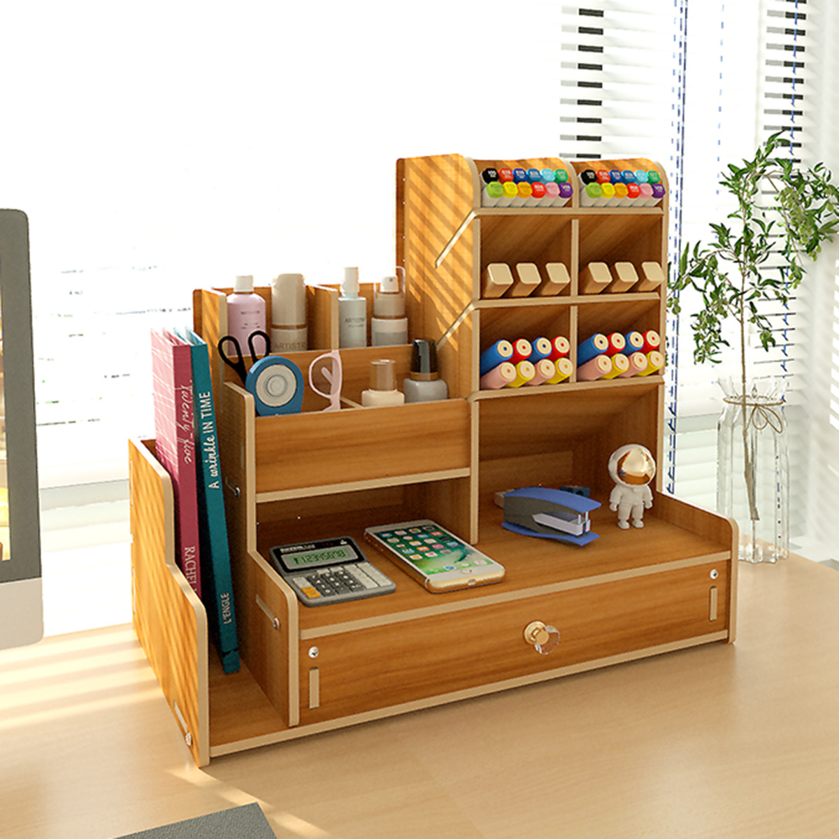 Caja de almacenamiento de escritorio estilo europeo, portalápices, artículos de papelería, caja de almacenamiento integrada para escritorio de oficina, caja de madera creativa para control remoto, venta al por mayor