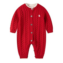 宝宝冬季红色喜庆婴儿衣服满月百日周岁连体衣过年拜年小月龄爬服