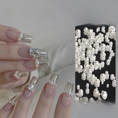 Nail art pearl jewelry full round flat bottom semi-circle highlight non-shedding white Japanese round beads manicure accessories wholesale