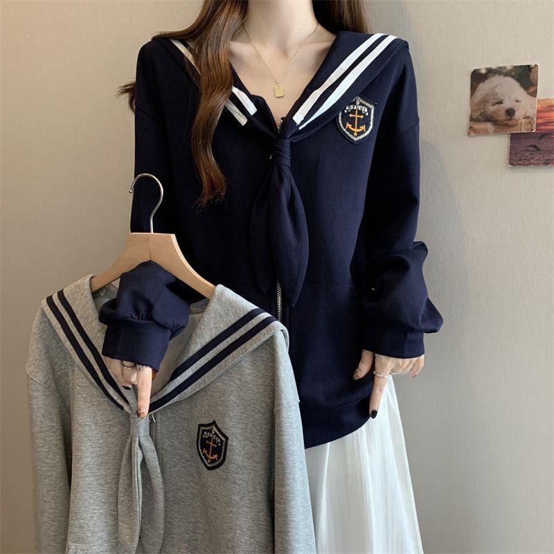 College Style Navy Collar Long-Sleeved Sweatshirt for Women Plus Size Autumn and Winter Loose Slimming Look Right Shoulder Top Jacket Trendy