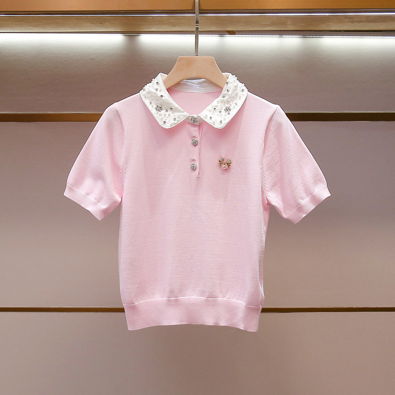 Shenzhen Nanyou High-End Women's Clothing Summer New Sweet and Youthful Design Rhinestone Turn-Down Collar Short-Sleeve Knit T-Shirt Shenzhen Nanyou High-End Women's Clothing Summer New Sweet and Youthful Design Rhinestone Turn-Down Collar Short-Sleeve Knit T-Shirt
