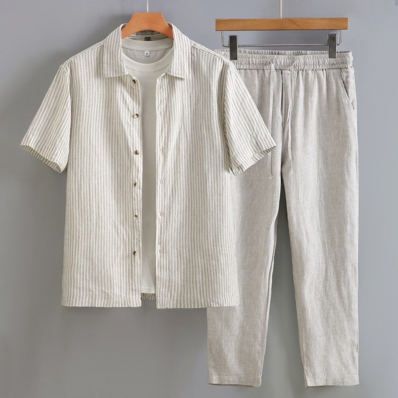 G193A Japanese Style Vintage Men's Loose Casual Pure Linen Short-sleeved suit Shirt Comfortable Breathable Top