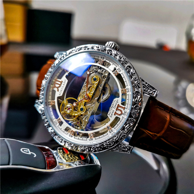Oglas AOKULASIC reloj mecánico automático de los hombres de doble cara hueco tallado vintage impreso reloj 2120
