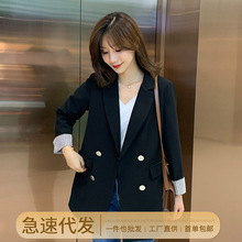 小西装外套女韩版宽松学生2024春秋新款条纹袖口中长休闲黑色西服