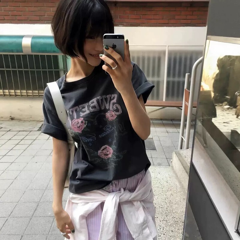 Jimo New Product @Bl* Designer Style Heart Rose American Retro Letter Print Loose Versatile Short-Sleeved T-Shirt Jimo New Product @Bl* Designer Style Heart Rose American Retro Letter Print Loose Versatile Short-Sleeved T-Shirt