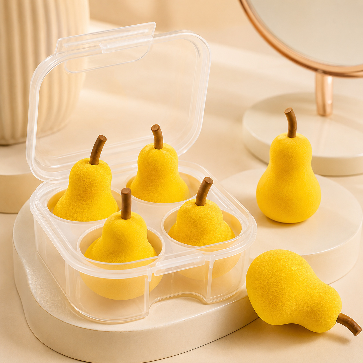 Huevos de belleza de pera en stock, 4 paquetes de polvo super suave, no comer polvo seco y húmedo, doble uso de la fruta, caja de polvo de pera al por mayor.
