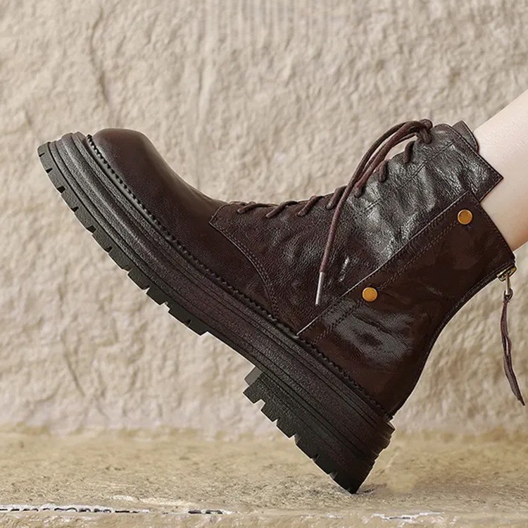 Great to Wear 2025 New Autumn and Winter Lambskin Thick-Soled Lace-Up British Style Boots for Women Brown Velvet Short Boots