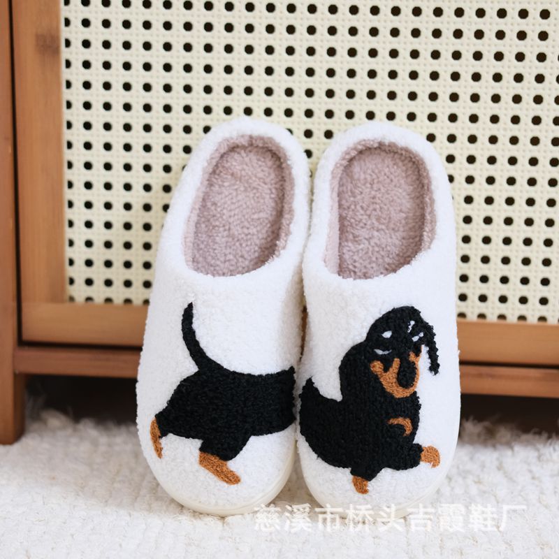Explosive European and American Cross-border Cotton Slippers Home Autumn and Winter Dachshund Dog Animal Towel Embroidered Warm Men's and Women's Plush