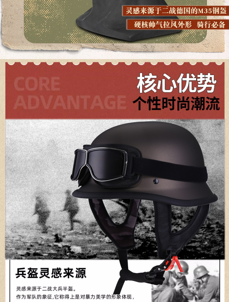 3C Certified German Soldier Helmet Motorcycle Electric Scooter Helmet Summer Biker Helmet Motorcycle Half Helmet Breathable for Men and Women