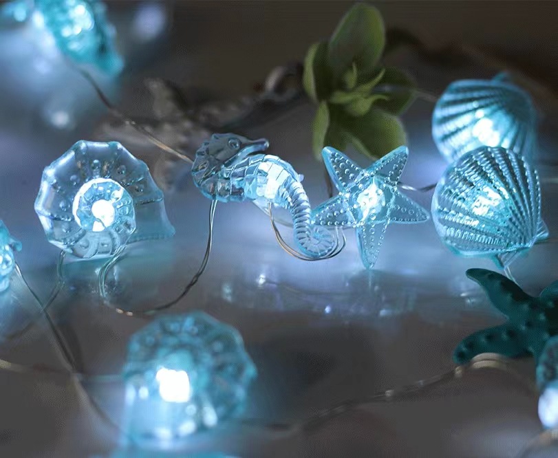 Serie de accesorios solares cruzados, cadena de luces, tema náutico, caballito de mar, concha de caracol, estrella de mar, cadena de luz decorativa verde
