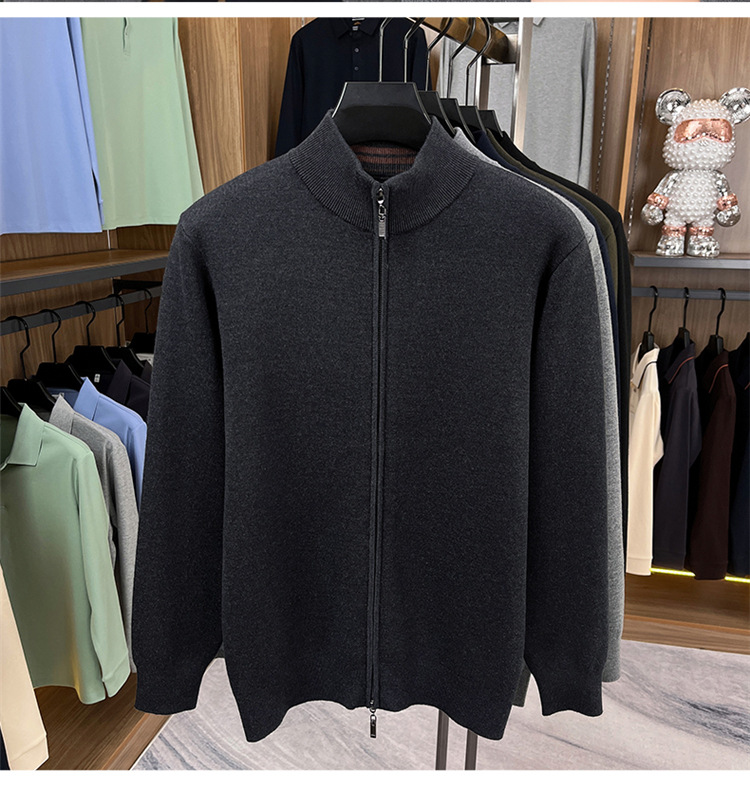 Áo len cardigan nam Haggis 100% len dày dặn có khóa kéo dệt kim cổ đứng — màu đen chi tiết 9
