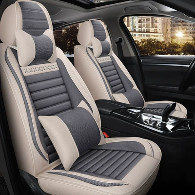 Five-Seater Fully Enclosed Four-Season Universal Car Seat Cushion Cover Pu Seat Cover Linen Seat Cover Fabric Seat Cushion Breathable Seat Cover