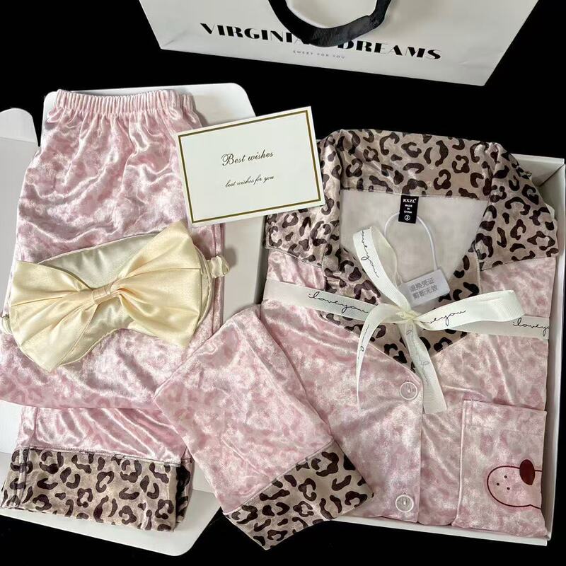 Leopard print velvet pajamas for women, long-sleeved, high-end style, new cardigan design, gold diamond velvet loungewear set, wholesale Leopard print velvet pajamas for women, long-sleeved, high-end style, new cardigan design, gold diamond velvet loungewear set, wholesale