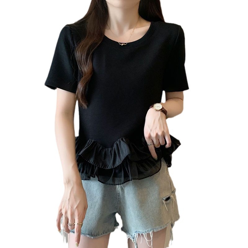 Camiseta de manga corta con costuras con volantes de gran tamaño para mujer 2024 verano nuevo estilo suelto que cubre la carne que es delgada y gorda mm top para mujer ins image 6