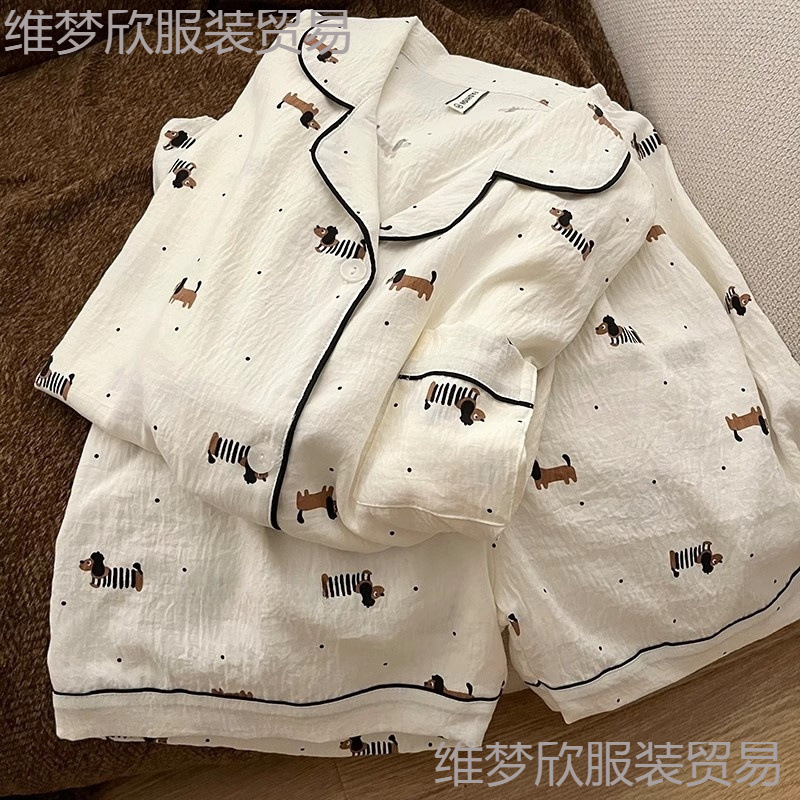 2025 New Summer Short-Sleeved Pajamas for Women, Japanese-Style Dachshund Cartoon Cute Pure Cotton Gauze Home Wear Three-Piece Set 2025 New Summer Short-Sleeved Pajamas for Women, Japanese-Style Dachshund Cartoon Cute Pure Cotton Gauze Home Wear Three-Piece Set