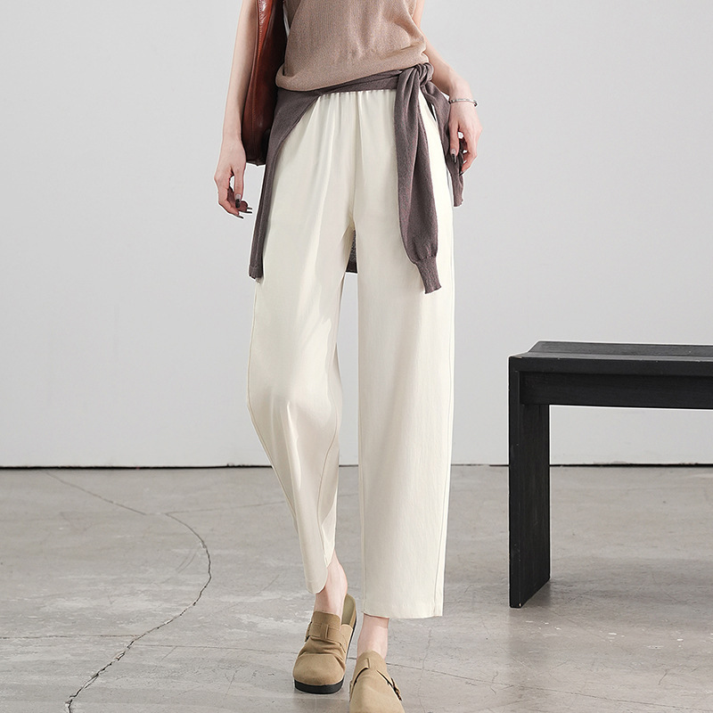 High-Waisted Slimming Casual Pants for Women, 2025 Summer New Solid Color with Pockets, Elastic Waist, Petite Cropped Carrot Pants