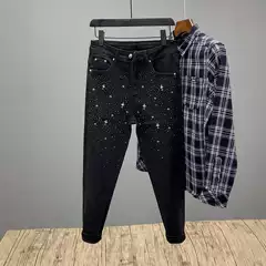 Korean Style 2025 Rhinestone Pencil Pants High-Waisted Knee-Hole Skinny Stretch Versatile Cropped Pants Popular Denim Versatile