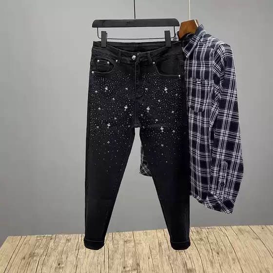 Korean Style 2025 Rhinestone Pencil Pants High-Waisted Knee-Hole Skinny Stretch Versatile Cropped Pants Popular Denim Versatile