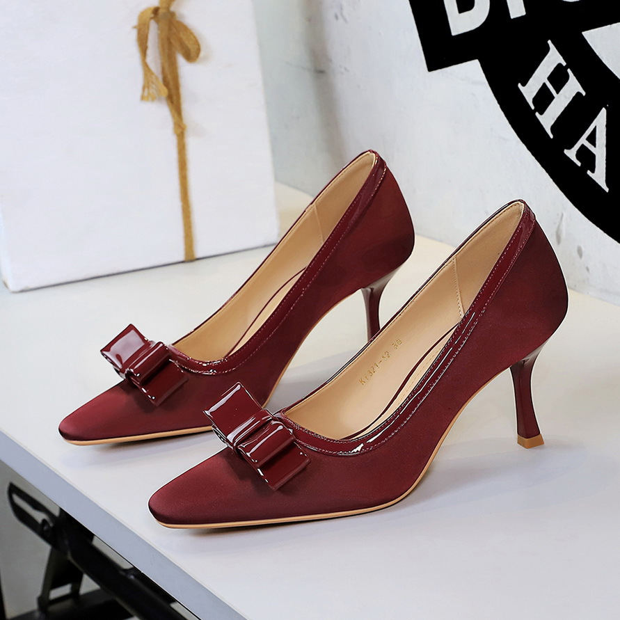 322-H117 European and American style high heels, women's shallow bow, spliced silk and satin versatile, slim heel, temperament single shoe