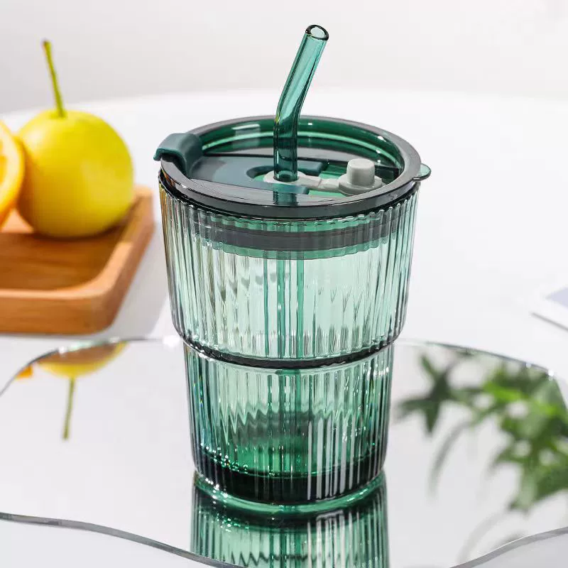 Темно-зеленая стеклянная чашка для воды с соломинкой новая бамбуковая чашка Бытовая ниша в высоком офисном вертикальном узоре чашки