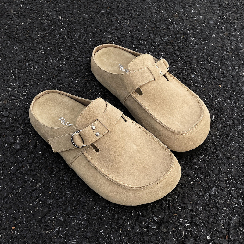 Japanese Retro Genuine Leather Suede Clogs Birkenstock Style Old Money Handmade Mules Men's Thick-Soled Height-Increasing Half Slippers