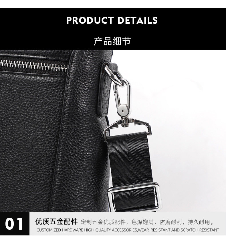 Cặp công sở mỏng da bò thật hai dây kéo, túi xách tay đeo chéo vai cho nam, đựng laptop 14 inch, 38,5×6×28 cm — Màu đen chi tiết 18
