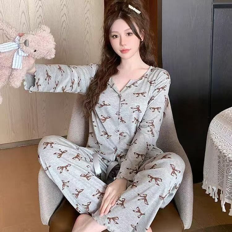 Pijamas al por mayor transfronterizos primavera y otoño nudos de seda de hielo hilo de moda cardigan de manga larga pantalones largos set de ropa para el hogar
