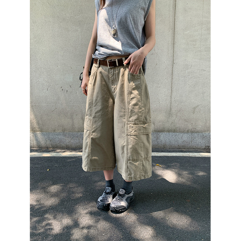 Yuyi Korean-Style Workwear Multi-Pocket Cropped Jeans for Women, Summer Loose Slimming Casual Pants Cxys7208