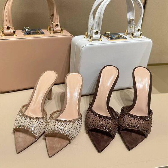 2024 New Style Open Toe Pointed Mesh Rhinestone Slides Women's Summer Outer Wear Elegant Stiletto Heel High-heeled Sandals for Women