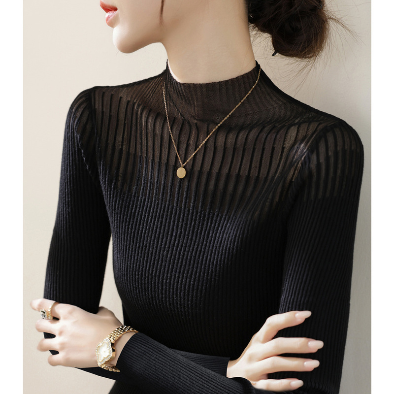 Spring and Autumn Black Inner Half Turtleneck Knitted Bottoming Shirt Top New High-Bottom Lace Mesh Long-Sleeved Sweater for Women Spring and Autumn Black Inner Half Turtleneck Knitted Bottoming Shirt Top New High-Bottom Lace Mesh Long-Sleeved Sweater for Women