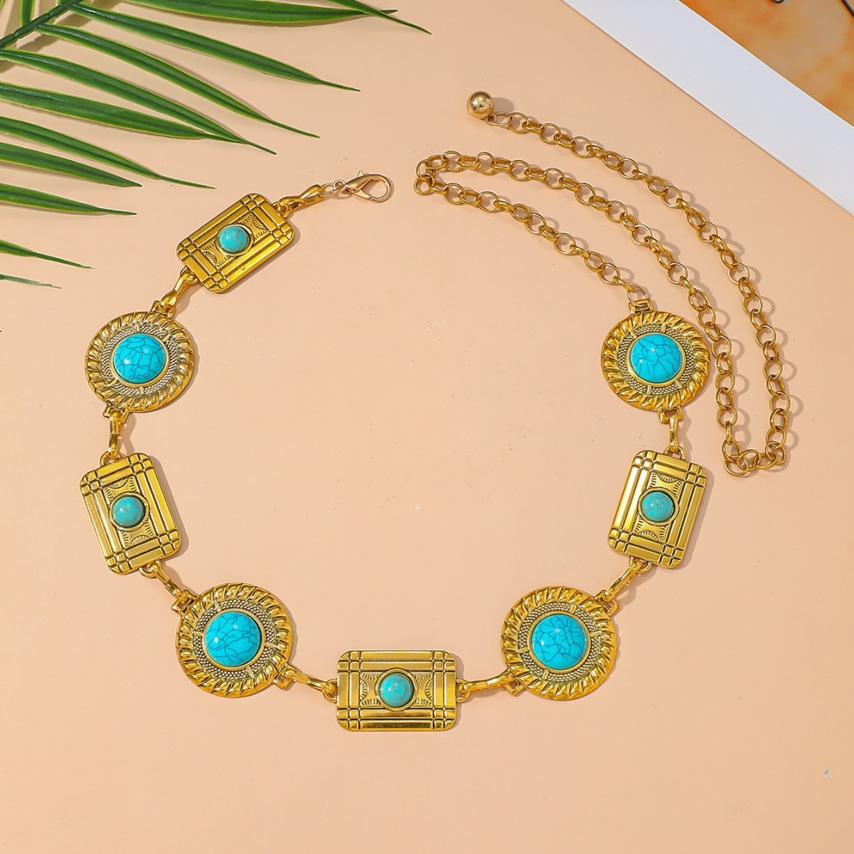 Tailleketting, lichaamsketting, grensoverschrijdende vintage etnische metalen vierkante ingelegde turquoise tailleketting accessoire, Boheemse stijl riem_voghion.com