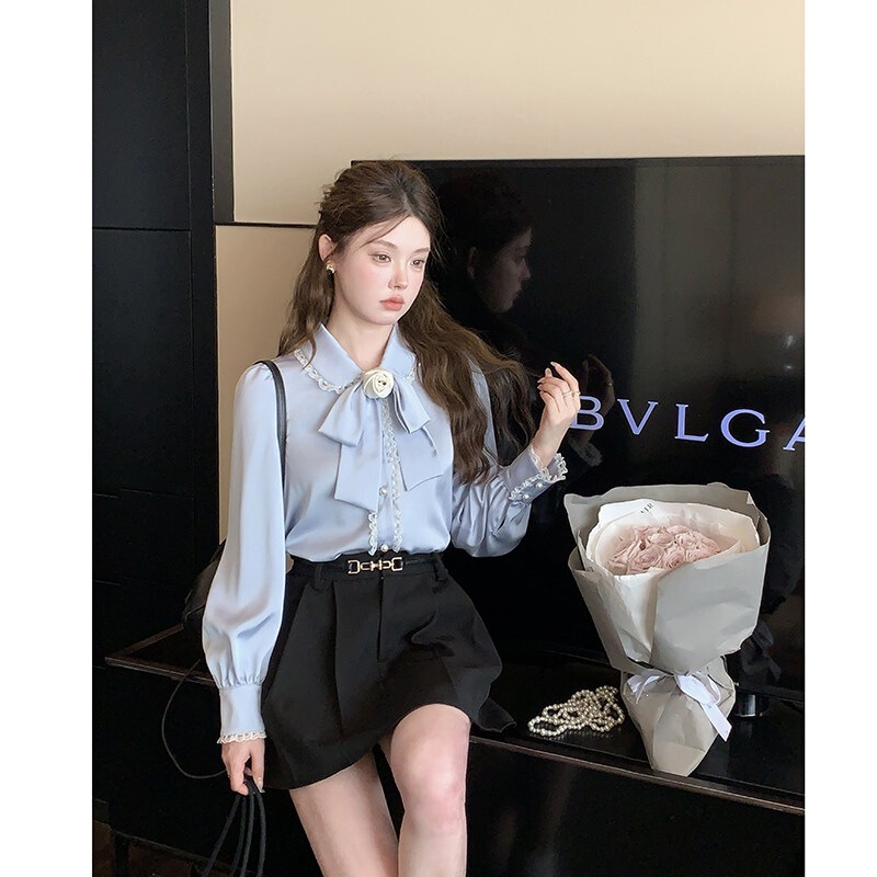 Yang Xiaojuan Detachable Camellia Bow French-Style Chanel-Inspired Doll Collar Shirt Women's Satin Elegant Top