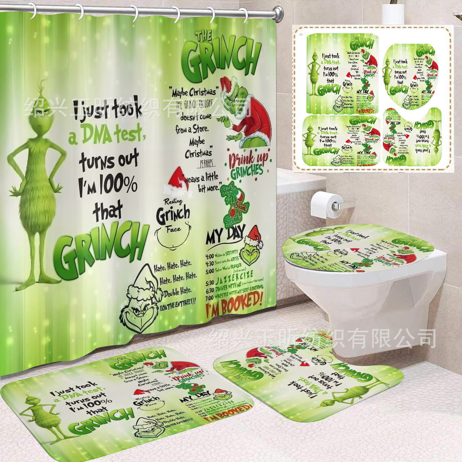 Tela de cortina de ducha transfronteriza, cortina de ducha impermeable, alfombra antideslizante de baño, juego de Grinch 4 de pelo verde al por mayor, sin perforación