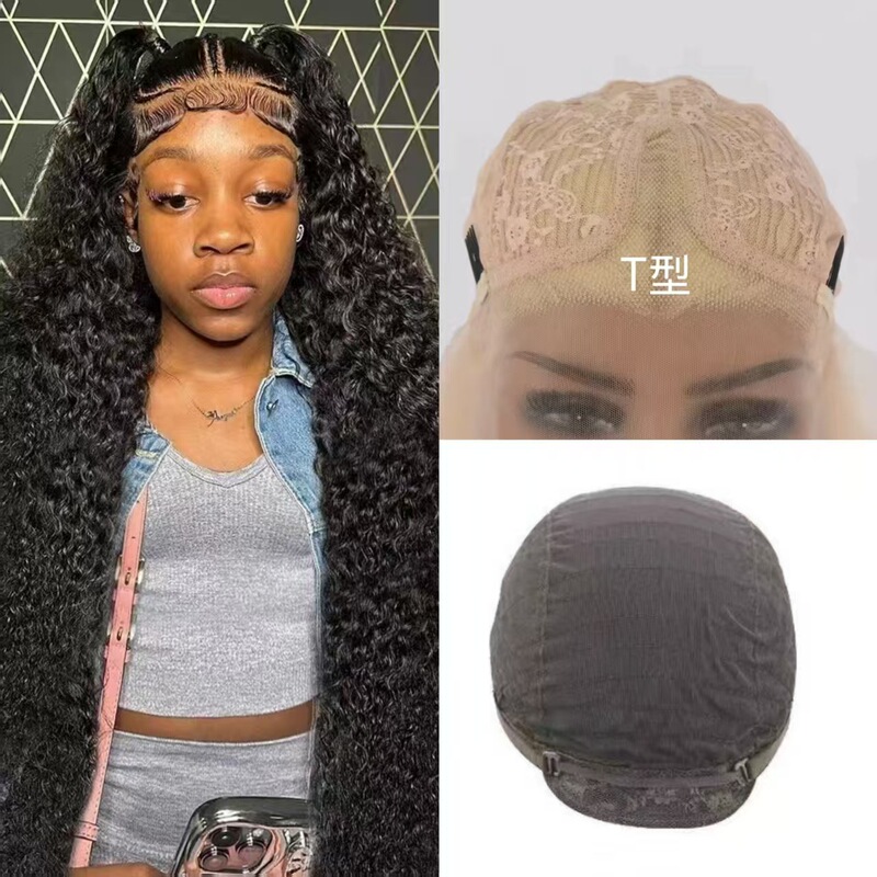 Hot-Selling Big Wave African Long Hair European and American Style Smooth Wig Black Curly Hair Lace Front T-Part Women's Middle Part Small Curls